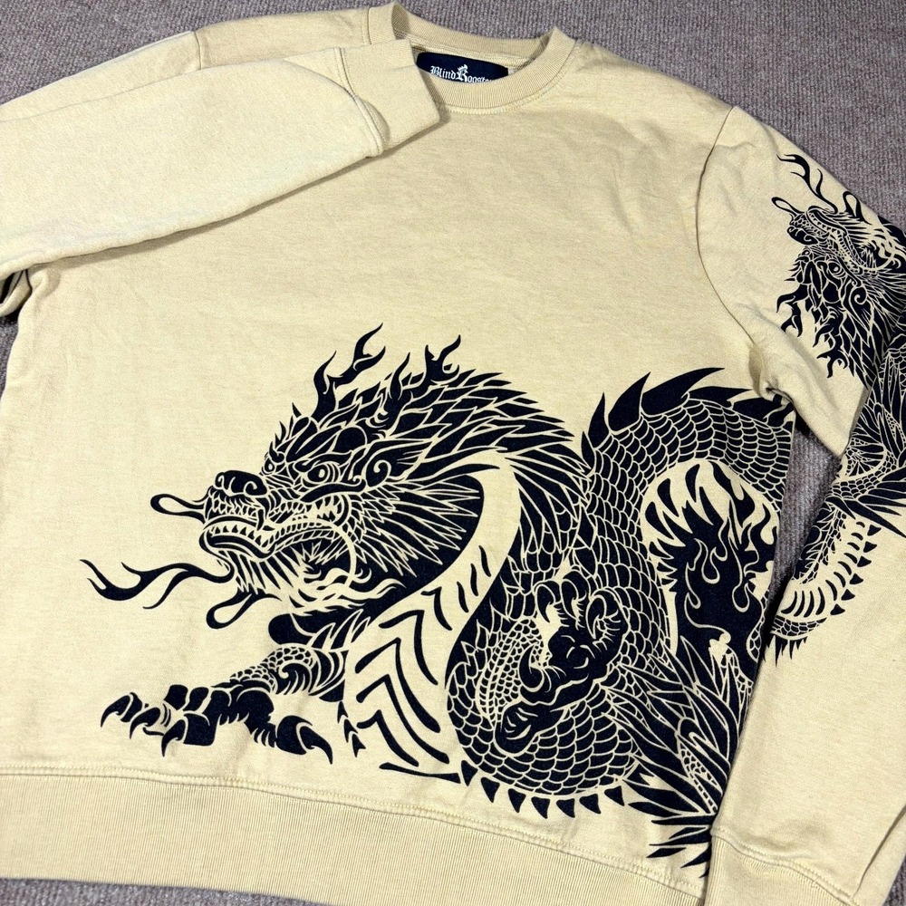Blind Rooster Sweatshirt Mens Medium Beige Japanese Dragon Graphic Print Cotton